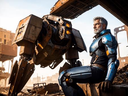 1 old man sitting, in a worn mech suit, intricate, (steel metal [rust]), elegant, sharp focus, photo by greg rutkowski, soft lighting, vibrant colors, masterpiece, battle((ruins of a factory )), detailed face