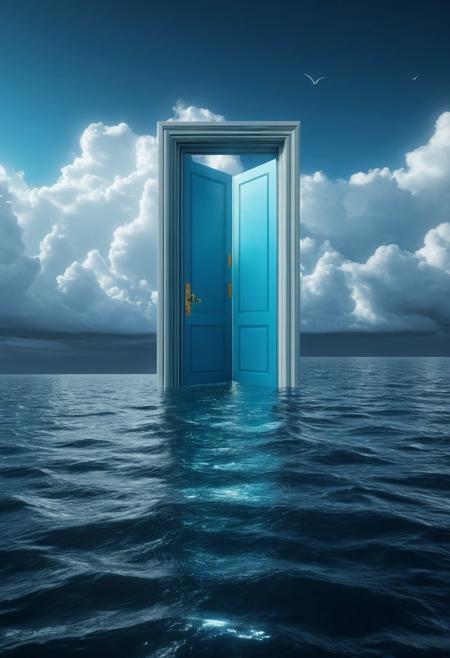 CGI, dreamlike, A door standing alone in the middle of an endless ocean