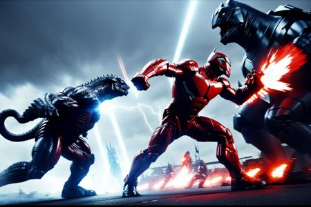 <lora:fight_scene:1>, fight scene, dynamic pose, (motion blur), emphasis line, sparks, plasma, aura, Ultraman fights Godzilla,