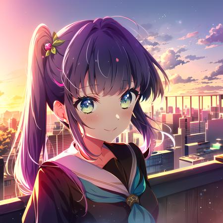 high quality, best quality, masterpiece, absurdres, otomune kozue, hasunosora_uniform, 1girl,  <lora:LL:0.85>, green_eyes, rooftop, smile, sunset, blush, solo