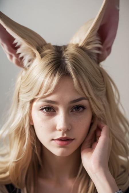 young swedish girl, laying on grass, crawling, on all four, albino, eyes close-up, looking up, portrait, white loose light translucent summer dress, selfie, big hair, long messy white wavy hair, huge very long silky fennec ears, animal ear fluff, fox tail, depth of field, big ice color eyes with long white eyelashes, white eyebrows, round rich big plump parted lips, very strong freckles, curious, cute, innocent, outside, sun from the side, rim light.
(RAW photo:1.2), (photorealistic:1.4),(masterpiece:1.3),(best quality:1.4),ultra high res,(detailed eyes),(detailed facial features),HDR,8k resolution, solo focus, skin tight, (shiny skin),(slender girl), dreamlike, (extreme detailed illustration),
extreme detail, perfecteyes eyes, very sharp, hyper realistic, colorful, saturated, bloom, lens flare, bright