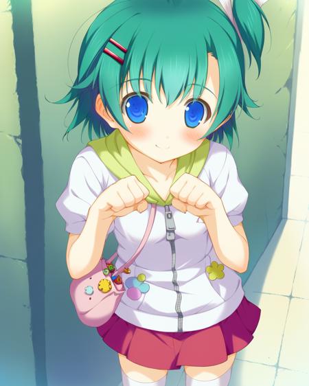 toumine tsukasa, blue eyes, green hair, one side up, short hair, red hairclip, white hair ribbon, small breasts,  school uniform, one side up, short hair, white thighhighs, loafers, hoodie, handbag, red miniskirt, white thighhighs, brown footwear,  striped frilled bikini, barefoot,  minami kana, yellow eyes, red hair, ahoge, hair flaps, long hair, large breasts,  maid headdress, detached collar, bow, maid, mary janes, wrist cuffs,  twin braids, school uniform, mary janes, twin braids, hairbow, dress, bow, choker, frills, spats, high heels,  twin braids, white hairbow, white frilled bikini, side-tie bikini bottom, bow, barefoot, halterneck,  twin braids, white hairbow, purple kimono, obi, furisode, zouri,  kisaragi mio, blue eyes, black hair, long hair, braid, white hairband, white hair ribbon,  school uniform, loafers, white kneehighs, pink crop top, collar, midriff, white pleated skirt, purple belt, strappy heels, bracelet,  purple bikini, halterneck, side-tie bikini bottom, barefoot,  shikishima  kyou, yellow eyes, light purple hair, medium hair, ahoge, black hair ribbon, large breasts,  school uniform, black thighhighs, mary janes,  yellow kimono, dress, frills, white thighhighs, mary janes,  white one-piece swimsuit, white mary janes,  pink animal hood, open hoodie, nikaidou shinku, red eyes, blonde hair, long hair, two side up, red hair ribbon, hair intakes, small breasts, sundress, bow,  frills, white sandals,  school uniform, labcoat, off shoulder, black thighhighs, ankle boots, 