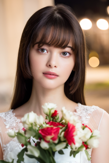 1girl wearing a princess dress,holding a flower, in front of Eiffel Tower,(RAW photo, best quality), (realistic, photo-realistic:1.4), masterpiece, an extremely delicate and beautiful, extremely detailed, 2k wallpaper, Amazing, finely detail, extremely detailed CG unity 8k wallpaper, ultra-detailed, highres, soft light, beautiful detailed girl, extremely detailed eyes and face, beautiful detailed nose, beautiful detailed eyes,perfect anatomy,soft light,slender body,standing,city lights at night,smiling