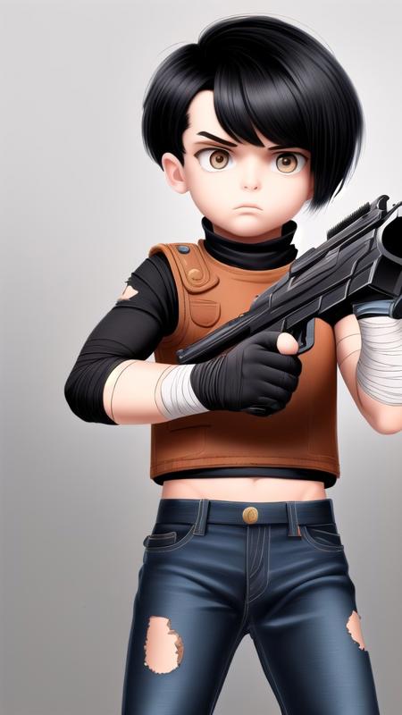 ducksherwood gun weapon handgun holding gun pistol black hair torn clothes revolver bandages trigger discipline holding weapon finger on trigger holding short hair aiming torn pants shotgun bandaged arm <lora:DuckSherwood:0.5>