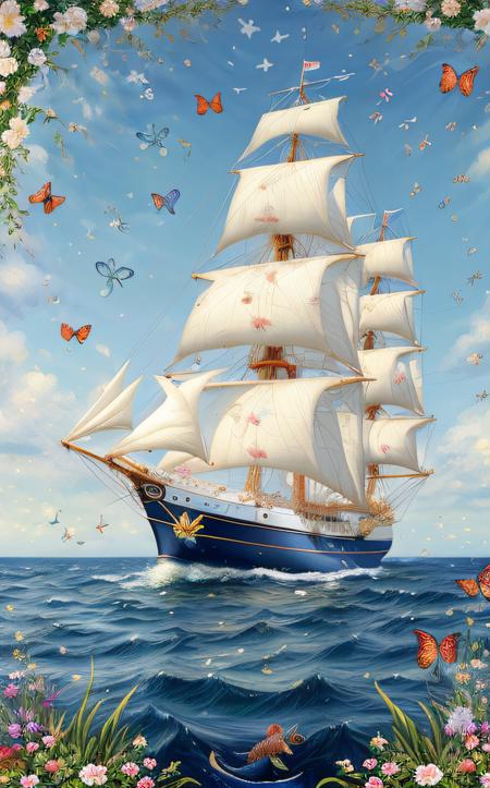 Nautical-themed ((best quality:1.4)), ((masterpiece:1.4)), (detailed:1.3), 8K, vibrant flower garden in full bloom, diverse species of flowers, rich and varied colors, butterflies and bees hovering, dew-covered petals, (sunlit:1.3), (soft bokeh background:1.4), peaceful and serene atmosphere, intricate leaf and petal details, in the style of Claude Monet, low-angle shot. . Sea, ocean, ships, maritime, beach, marine life, highly detailed