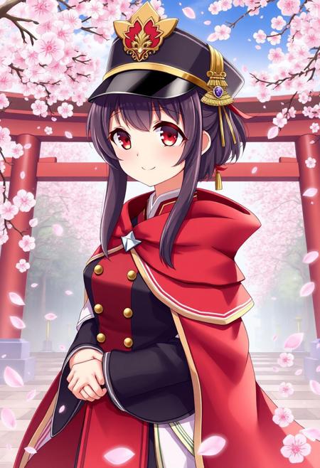 anime girl, red eyes, traditional Japanese clothing, military-inspired outfit, sakura petals, cherry blossoms, torii gates, shrine background, crimson cape, ornate hat, golden accents, serene spring setting, confident expression, fantasy aesthetic, vibrant colors, detailed anime art
