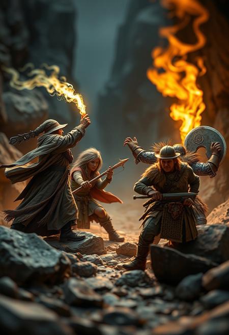score_9, score_8_up, score_7_up, photo bokeh, blurred background
Dungeons and Dragons 
a group of adventurers with a human wizard, female elf thief, a dwarven fighter, and an elven ranger are on one side fighting a group of 5 orcs on the other.  
The wizard has a stream of fire flowing from his fingers towards the orcs
The ranger has a bow and is firing an arrow at the orcs leader
The elf is sneaking around behind the orcs so she can attack them from behind
The fighter is swinging a large battle axe as large as he is
The orcs are holding rusty short swords and wearing mismatched armor
They are in a dark valley strewn with large boulders
