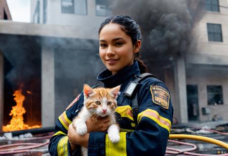 Ultra-detailed [Fujifilm XT 100v] 50mm lens Raw colors photography of a [Gorgeous girl firefighter] outside a burning building, rescuing a kitten, lots of water pouring, ultra realistic masterpiece by Alyssa Monks, high clarity, realistic shading, gradient shadows, volumetric dynamic particles, soft macros, light hue, atmospheric reflections, natural reflexive lighting, cinematic lights, trending at artstation, ray tracing lighting, professional color grade, subsurface scattering, sharp features, gigapixel, 32K, UHD, Style Raw, ultra hd, realistic, vivid colors, highly detailed, UHD drawing, pen and ink, perfect composition, beautiful detailed intricate insanely detailed octane render trending on artstation, 8k artistic photography, photorealistic concept art, soft natural volumetric cinematic perfect light
