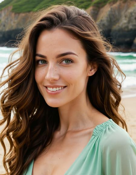 A photorealistic portrait shoot from a close-up camera angle about a woman with long, wavy brown hair and green eyes smiling at the camera on a beach. the image also shows a serene ocean and rocky shoreline in the background. on the middle of the image, a 1 woman who appears to be in her mid-twenties, with fair skin, green eyes, and a slender physique, wearing a light green blouse that is slightly unbuttoned, revealing her collarbone. she is looking directly at the viewer, with a soft smile on her lips, and her hair is styled in loose waves that cascade down her back. her facial expression is neutral, and she has freckles on her cheeks. the lighting is soft and natural, casting gentle shadows on her face and body.