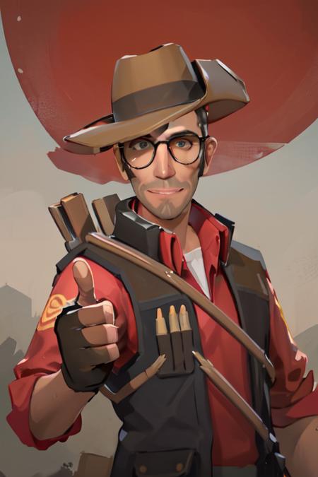 masterpiece, solo, half-length portrait, upper body, tf2sniper, red team, glasses, facial hair, cowboy hat, single glove, red shirt, grey pants, single glove, fingerless gloves, detailed background, outdoors, smiling, looking at viewer, Australia, thumbs up,  <lora:sniperlorav2:0.8>