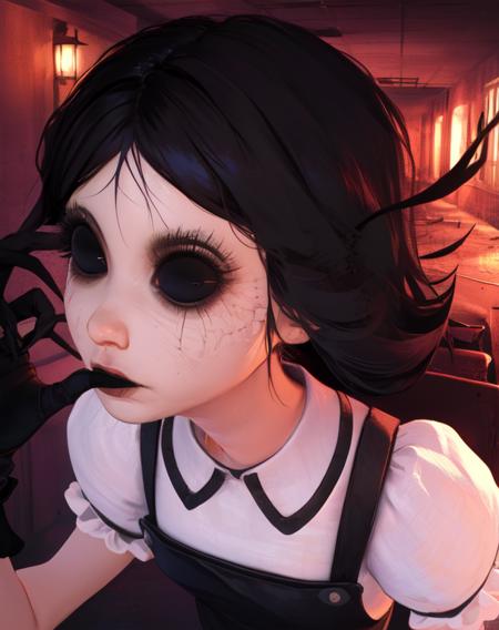 agatha,black hair,black eyes,
puffy sleeves,black dress,white shirt,black gloves,claws,
abandoned school,night,dark corners,
(insanely detailed, beautiful detailed face, masterpiece, beautiful detailed eyes, best quality),<lora:agatha-10:0.8>,