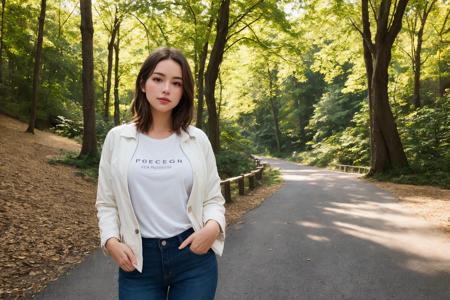 1girl, brown hair, beautiful brown eyes, small breast, best quality, hires, diffused natural sunlight, park, woods, flowers, birds, waterfall, detailed photorealistic background, white jacket, jeans, fashion girl, wrinkle t-shirt, hair covers ears, hands in pocket, kkw-ph1