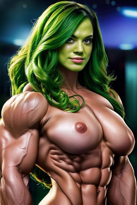 she hulk working as a stripper after being banned from the super hero club, realistic skin texture, muscular female, beautiful face