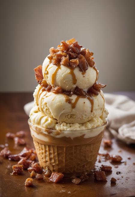 RAW photo, maple bacon bourbon ice cream, hot summer day, food photo, DSLR, crispy bacon bits and a bourbon caramel drizzle garnish, soft lighting, high quality, film grain, Fujifilm XT