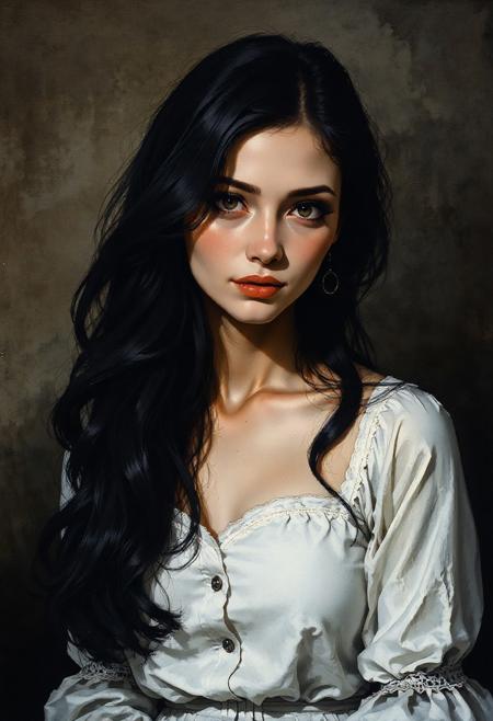 Rembrandt style <lora:Dark_Ghibli:0.8>, masterpiece iconic portrait of pretty mature woman with black hair dressed white summer cotton dress, <lora:MysticXXX-V6:0.6>, <lora:test:0.8> . Baroque, chiaroscuro, realistic, emotional, "flat lighting
