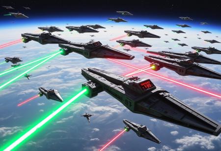 A photograph of lots of huge spaceships, star wars style, fighting eachother, with intermitent red and green lasers beams.