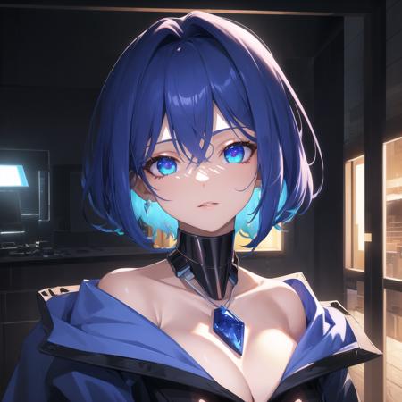 ((masterpiece)), (best quality), ((highres)), 4K, Detailed, Ambient Light, Digital Art, Soft Lighting, light rays, extremely detailed 8K wallpaper
BREAK
indoors, apartment, night, whole body shot, 1girl, (milf, 20 years old:1.1), angular face, (glowing short sapphire blue hair:1.1), medium breasts, brightly glowing sapphire blue gem like eyes, serious expression, bright sapphire necklace, (street clothes, cybernetic body parts:1.1)