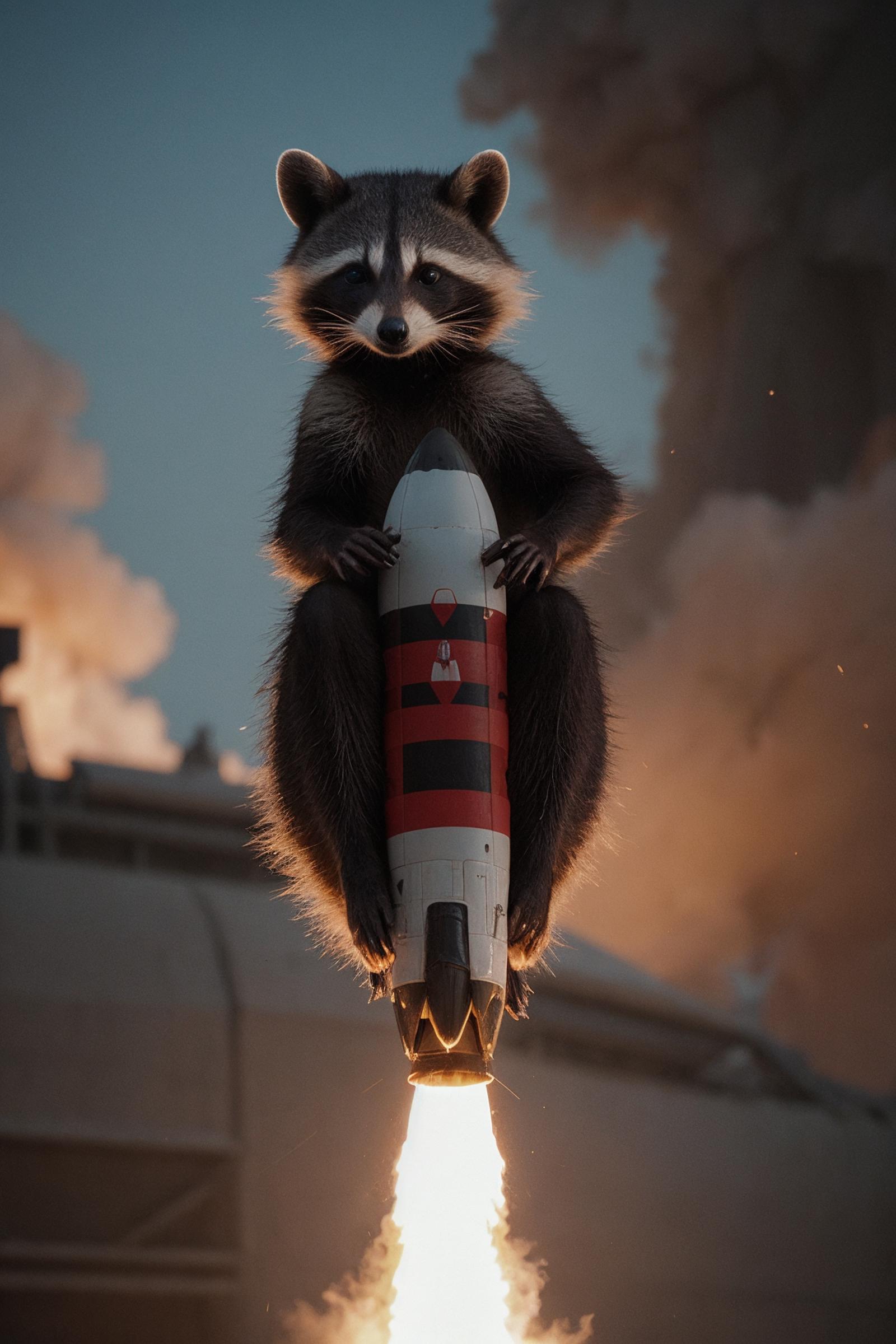 A raccoon sitting on top of a rocket.
