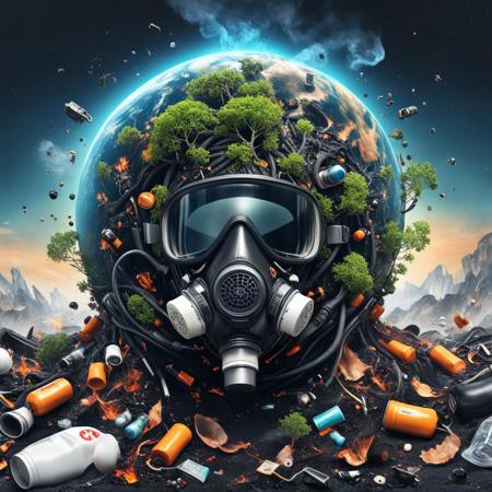 many TREE BURN , BACKGROUND city burn ,a bunch of garbage floating on top of a body of  3d earth,((( combined  black Oxygen mask capsul:1.5))),  digital art, inspired by Filip Hodas, cg society contest winner, devouring a planet, worksafe. cinematic, gas station in space, 2 0 2 2, plastic waste, hyperrealistic  