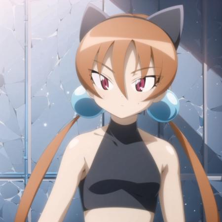 (masterpiece), (best quality), <lora:artkoikoi_AlisaSoutherncross_Keroro:1>, alisa_southerncross, 1girl, solo, long_hair, looking_at_viewer, hair_ornament, red_eyes, animal_ears, hair_between_eyes, bare_shoulders, twintails, upper_body, midriff, cat_ears, orange_hair, fake_animal_ears, low_twintails, halterneck, hair_bobbles, tsurime, tiles, tile_wall