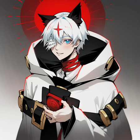 Red cat ears, star on head, wing eye patch, white hair, blue eye, long coat, hood, guilty gear, Asuka R Kreutz