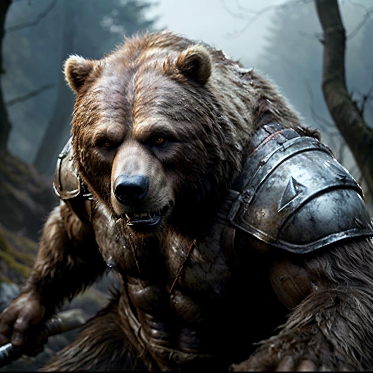 Angry Bear with Huge Muscles and Chains on Its Chest, Roaring and Ready to Attack