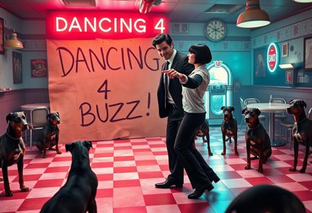 Create an image of a lively dance scene reminiscent of the iconic moment in “Pulp Fiction,” but with a unique twist. The setting is a retro-themed 1950s diner with checkered floors, neon lights, and a jukebox playing in the background. In the foreground, two characters are dancing: one is a man with dark hair, wearing a black suit, white shirt, and tie, and the other is a woman with a short black bob haircut, dressed in a white blouse and black pants. They are mid-dance, striking a playful pose with confident expressions, one pointing towards the other.
Surrounding the dance floor are several dobermans with menacing postures, their eyes glowing a fiery red, giving the scene a surreal and eerie atmosphere. In the background, prominently displayed, is a large cardboard sign that reads “DANCING 4 BUZZ!” in bold, hand-drawn letters. The sign adds a quirky, almost playful element to the otherwise intense and otherworldly scene, blending humor with the ominous vibe of the dobermans. The overall image should feel dynamic, with a mix of cool, rebellious energy and surreal tension.