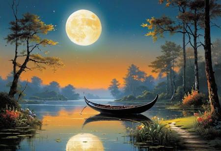 Paint a serene night scene with a crescent moon casting gentle light on a peaceful landscape. Add mystical elements like a lone boat on a quiet lake or a pathway leading into the unknown. style of Jan Davidsz de Heem, Akira Toriyama, Andrew Robinson, Guido Borelli da Caluso