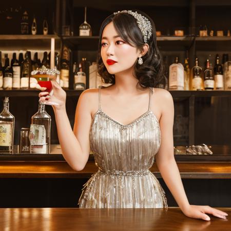 China,ShangHai,A trendy underground speakeasy-themed bar. The dimly lit space features vintage furnishings and a live jazz band playing sultry tunes. In this scene, the woman wears a form-fitting flapper dress with beaded fringe detailing, her hair styled in loose curls reminiscent of the 1920s. She confidently sways to the music as she enjoys a classic cocktail and interacts with fellow patrons who share her love for all things vintage.<lora:ç¡ç¾äºº3-000004:1>,, masterpiece,best quality,CG 8k wallpaper,illustration,absurdres, city lights,