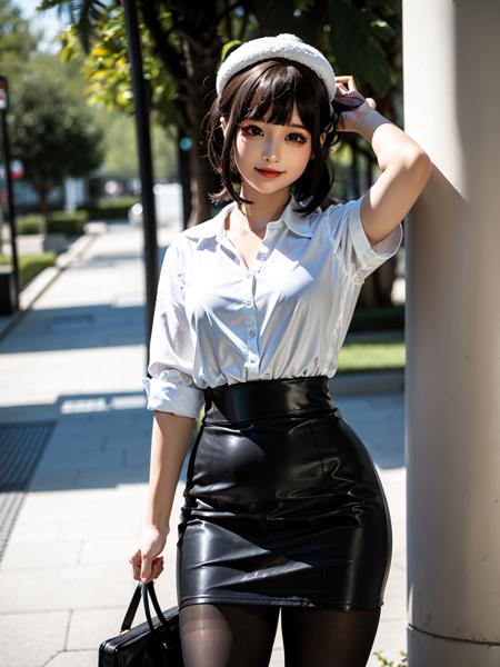 <lora:chunmmonlyface:0.8>, (white shirt:1.1), microskirt, (pencil skirt:1.1), (pantyhose:1.2), corset, chunmomo, 1girl, solo, realistic, looking at viewer, makeup, smile, blurry, black eyes, black hair, bangs, long hair, day, blunt bangs, hair ornament, soft light, 8K, ultra high resolution, ultra-detailed, photorealistic, an extremely delicate and beautiful, arm up,standing, caffe