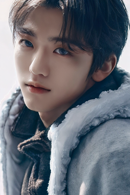 (close-up:1.4),winter ,snowy,(RAW photo:1.2), (photorealistic:1.4),(masterpiece:1.3),(best quality,1boy:1.4), dreamlike, (detailed eyes),(detailed facial features), (detailed clothes features) 1boy, ((full body)),solo, cute,(medium breasts), black hair, black eyes, crystal pendant, Long blue scarf,White long wool coat,Black thick pantyhose,Brown snow boots,(detailed face), grunge,(high detailed skin:1.2),soft lighting, high quality,  <lora:jaeminv1_ghotilafish:1>