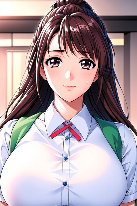 Simple White Background,
school uniform, green Vest , white shirt ,red ribbon, 
<lora:Satomi_Morihara_PiaCarrot-KK77-V1:0.7>,
brown eyes, brown hair,long hair,Bangs,
<lora:Oda_Non_Style-KK77-V2:0.3>,<lora:more_details:0.1>,
1 girl, 20yo,Young female,Beautiful Finger,Beautiful long legs,Beautiful body,
Beautiful Nose,Beautiful character design, perfect eyes, perfect face,expressive eyes,perfect balance,
looking at viewer,(Focus on her face),closed mouth, (innocent_big_eyes:1.0),(Light_Smile:0.3),
official art,extremely detailed CG unity 8k wallpaper, perfect lighting,Colorful, Bright_Front_face_Lighting,White skin,
(masterpiece:1.0),(best_quality:1.0), ultra high res,4K,ultra-detailed,
photography, 8K, HDR, highres, absurdres:1.2, Kodak portra 400, film grain, blurry background, bokeh:1.2, lens flare, (vibrant_color:1.2),professional photograph,
(Beautiful,large_Breasts:1.4), (beautiful_face:1.5),(narrow_waist),