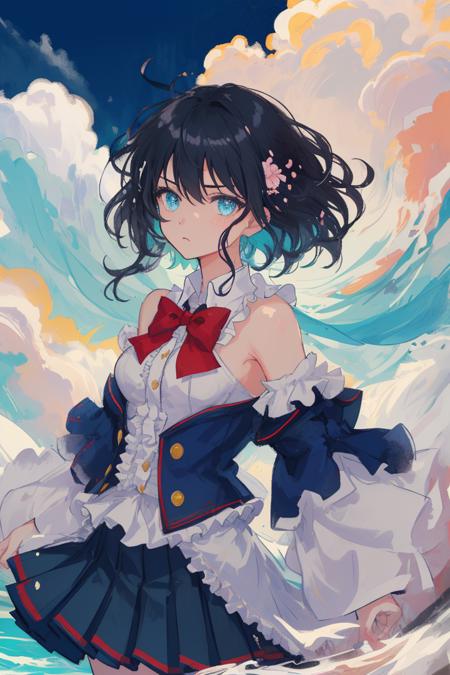 ((masterpiece)), (((best quality))), ((ultra-detailed)),
((illustration)), ((disheveled hair)), ((frills)), (1 girl),(solo), dynamic angle, big top sleeves, floating,
beautiful detailed sky, on beautiful detailed water,beautiful detailed eyes, overexposure, (fist), expressionless,side blunt bangs, hairs between eyes, ribbons, bowties,buttons, bare shoulders, (((small breast))),detailed wet clothes, blank stare, pleated skirt, flowers