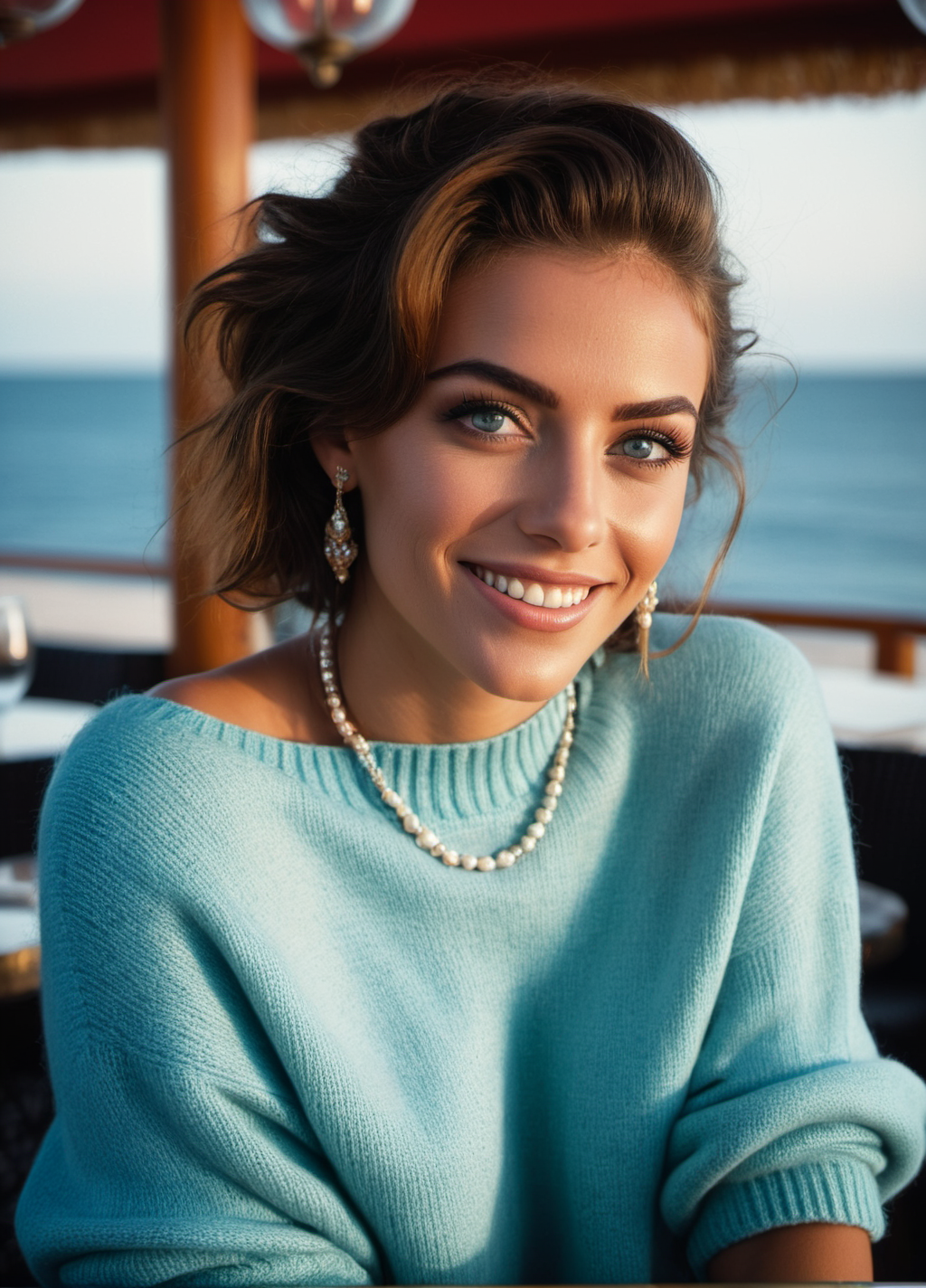 photo of gorgeous, (smiling), perfect eyes, highly detailed beautiful expressive eyes, detailed eyes, glamorous hair,(award winning modern photography), (oversized cropped sweater and skirt:1.1), 85mm, (analog, cinematic, film grain:1.3), (A chic, contemporary seafood restaurant, filled with gourmet dishes and a relaxed, seaside atmosphere:1.2), detailed eyes, (epiCPhoto), necklace, eyeliner, (looking at viewer:1.2), (cinematic shot:1.3),