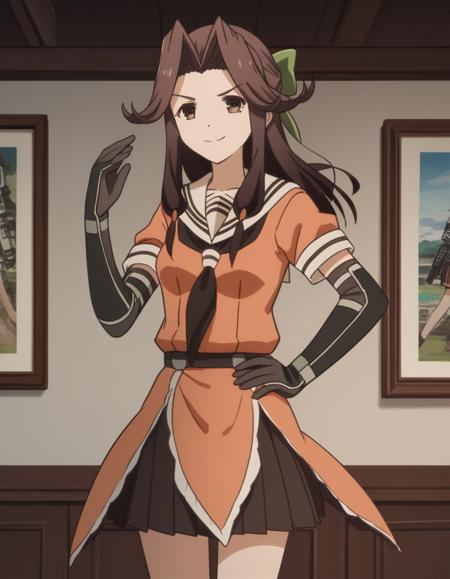 jitsuu, long hair, brown hair, brown eyes, hair intakes, jintsuu (kancolle) skirt, gloves, school uniform, serafuku, black gloves, elbow gloves, neckerchief,