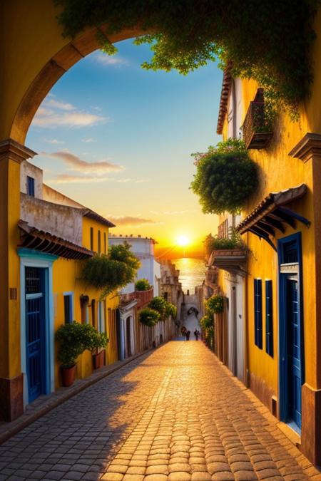 Cartagena’s historic at sunset, cartagena, ancient walled city, Castillo, warm glow of the setting sun, long shadows, resilient fortress, lush greenery, sparkling Caribbean Sea, colonial buildings with vibrant colors, golden hour, dramatic light and shadow, classical landscape style, realistic, scenary,  vibrant colors, high resolution, intricate details