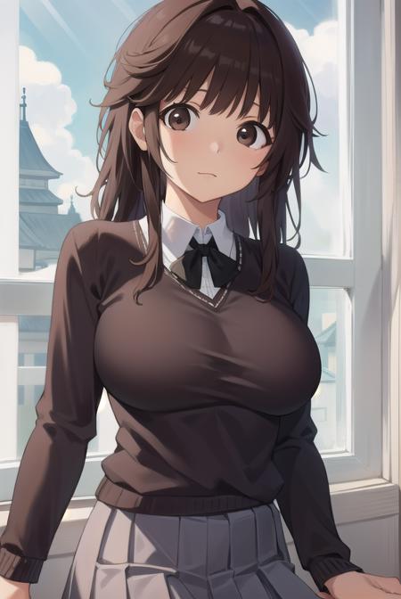 rihokosakurai, <lora:rihokosakuraitest:1>,
rihoko sakurai, (brown eyes:1.5), brown hair, (large breasts:1.2),
BREAK grey skirt, kibito high school uniform, pleated skirt, school uniform, skirt, sweater,
BREAK looking at viewer,
BREAK indoors, classroom,
BREAK <lora:GoodHands-vanilla:1>, (masterpiece:1.2), best quality, high resolution, unity 8k wallpaper, (illustration:0.8), (beautiful detailed eyes:1.6), extremely detailed face, perfect lighting, extremely detailed CG, (perfect hands, perfect anatomy),