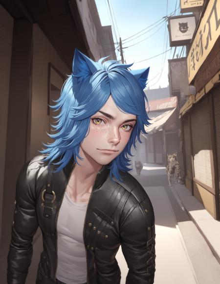 1boy, Parker Edwards, solo, looking at viewer, shirt, animal ears, blue hair, jacket, male focus, cat ears, black jacket, freckles, realistic, leather, leather jacket, furry, anthro, cat ears, animal ears  <lora:ParkerEdwardsXL:0.8>