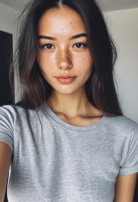 instagram selfie , a 23 year old gorgeous woman , slight smile , detailed skin face and eyes , natural lighting , at home , long hair, topless , film grain, low contrast, natural face , freckles , black hair , brown eyes, dark circles under eyes, slim breasts, round breasts, Gray tshirt