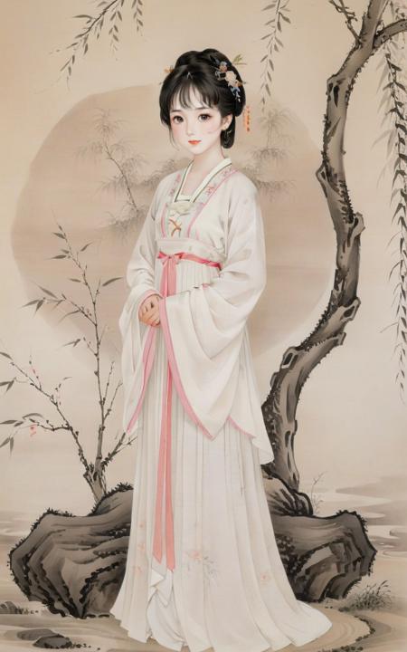 negative space,portrait of a woman standing,willow branches,(masterpiece, best quality:1.2),traditional chinese ink painting,modelshoot style,peaceful,(smile),looking at viewer,(wedding dress:0.8),(mechanical exoskeleton:1),song,willow tree in background,wuchangshuo,(Highest picture quality),(Master's work),(ultra-detailed),(Detailed eye description:1.2),masterpiece,best quality,absurdres,original,extremely delicate and beautiful,beautiful detailed eyes and face,1girl,black_hair,white_clothes,looking_at_viewer,mole,solo,(masterpiece:1.4),(best quality:1.4),hanfu,tang style outfits,pink upper shan,multicolour chest pleated skirt,<lora:tangStyle_sdxl_autodl_v36:0.2>,