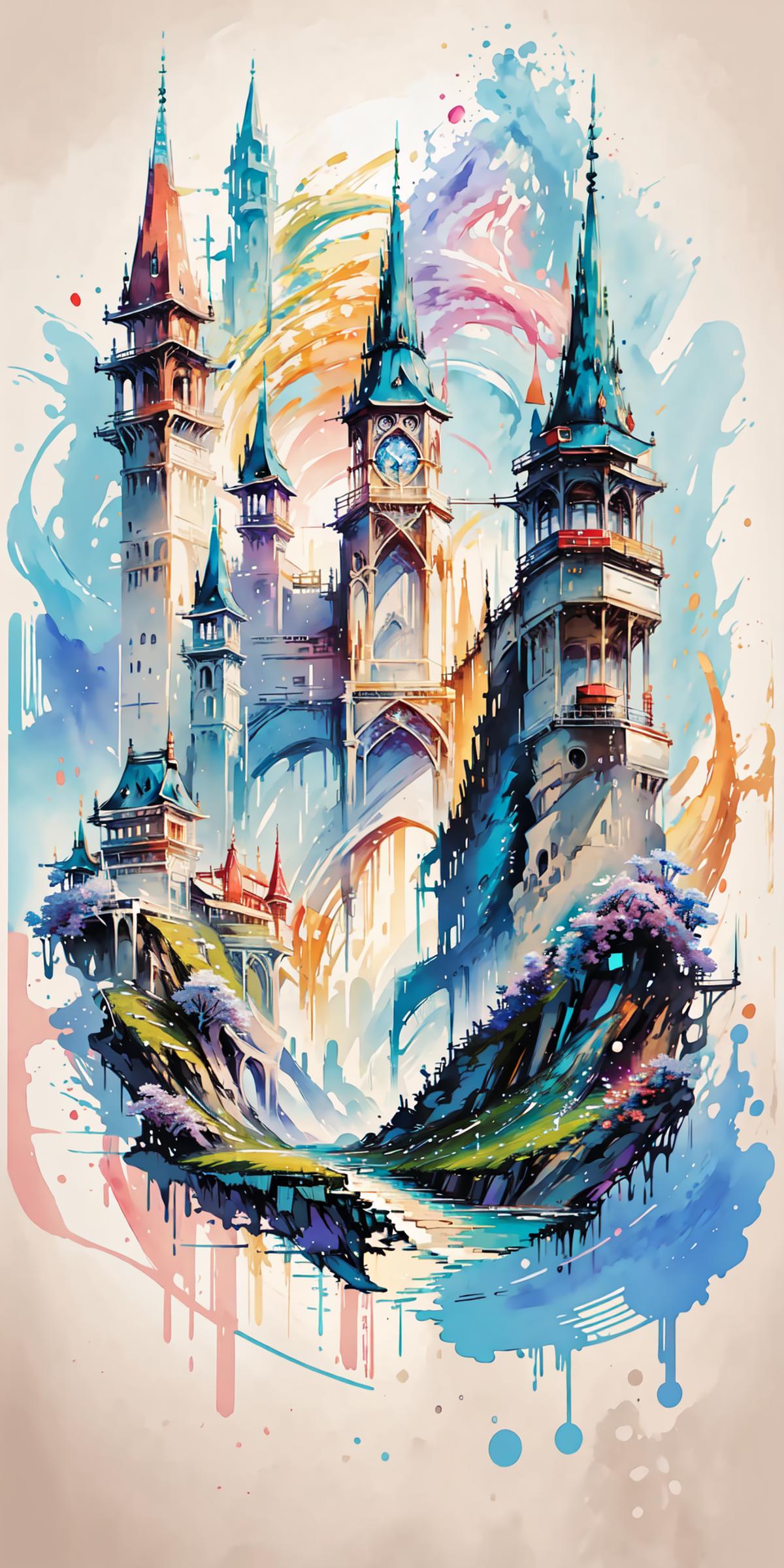 A colorful painting of a castle with a clock tower and a dragon.