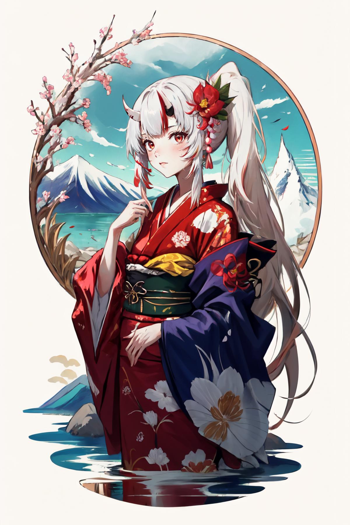 Anime-style artist's drawing of a woman in a kimono, with a flower in her hair.