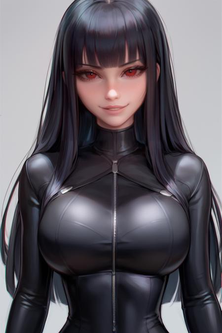 score_9, score_8_up, score_7_up, score_7, score_6_up, score_5_up, source_anime, rating_questionable, 1 woman, simple background,
BREAK, looking at viewer, smug smile, parted lips, huge breasts, narrow waist, small waist, thin, upper body, sexy pose,
<lora:Kittew-4RCH0N:1>4RCH0N, (big eyes),
long hair, black hair, blunt bangs, red eyes,
black full bodysuit, black gloves, front zipped, leather