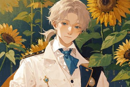 masterpiece, best quality, extremely detailed, detailed background, detailed face, parted bangs, 1boy, male focus, blonde hair, jewelry, gloves, solo, flower, brooch, white gloves, jacket, ascot, upper body, white ascot, smile, blue eyes, looking at viewer, low ponytail, earrings, epaulettes, long sleeves, curtained hair, orange flower, floral background, shirt, cape, closed mouth, white jacket, yellow flower, vest, hand up, gem, hand on own chest, white shirt, formal, sunflower   <lora:mgm128dim-epoch-000008:1>