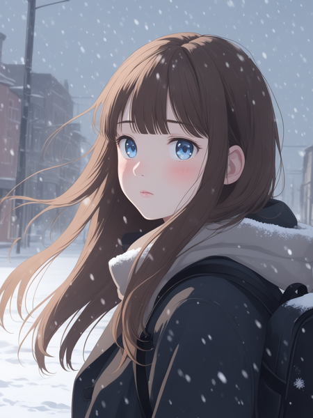 Girl, long straight brown hair with bangs, blue eyes, looks at the viewer, blush, dressed in a black coat, wears a black backpack on her back, flowing hair, wind, stands outside in the snow, snow, winter, snow is falling, blizzard, hands in pockets, it's light outside, no sun, cloudy, pastel colors, in detail