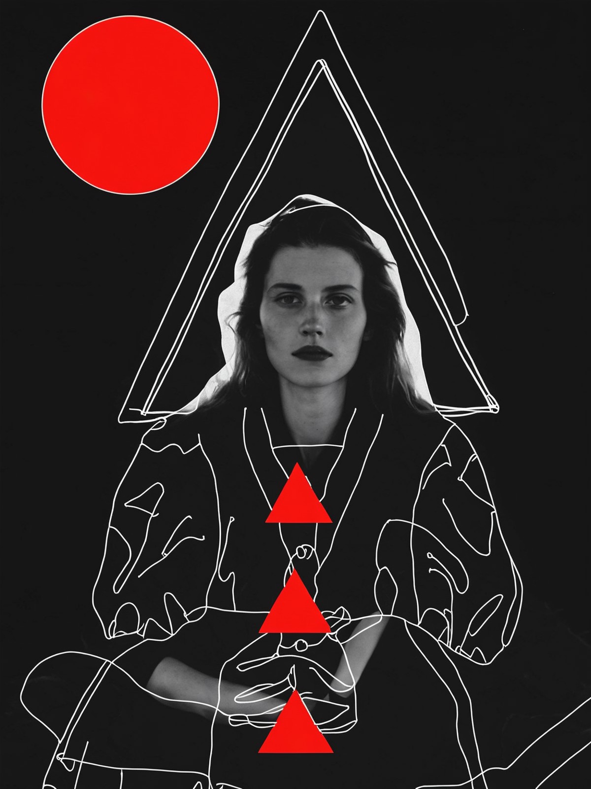 a woman with a triangle and a sun in the background with a black triangle and a red circle, <lora:Lines_Clothes_XL:1>
