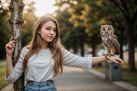 photo of a 18 year old girl,standing,a owl standing on her arm,happy,ray tracing,detail shadow,shot on Fujifilm X-T4,85mm f1.2,sharp focus,depth of field,blurry background,bokeh,lens flare,motion blur,<lora:add_detail:1>,