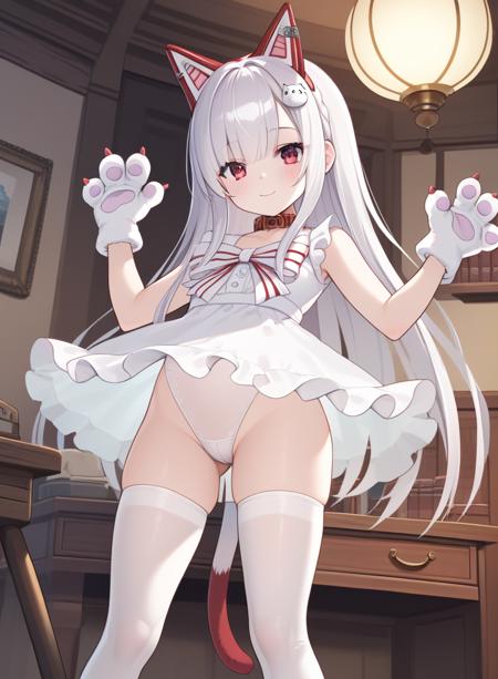 namahoshi-chan, fake animal ears, cat ears, grey hair, very long hair, bangs, hair ornament, animal ears, mole under eye, cat tail,chibi animal hands, paw gloves, thighhighs, red footwear, gloves, ribbon, bow, white thighhighs, see-through, high heels, white dress, shoes, collar,white gloves