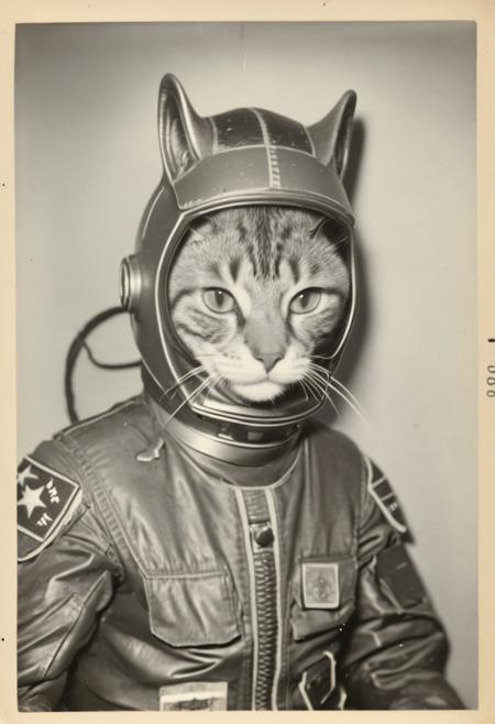 a vintage monochrome photo booth photo of a feline alien in a military space suit tcc_foundphotos