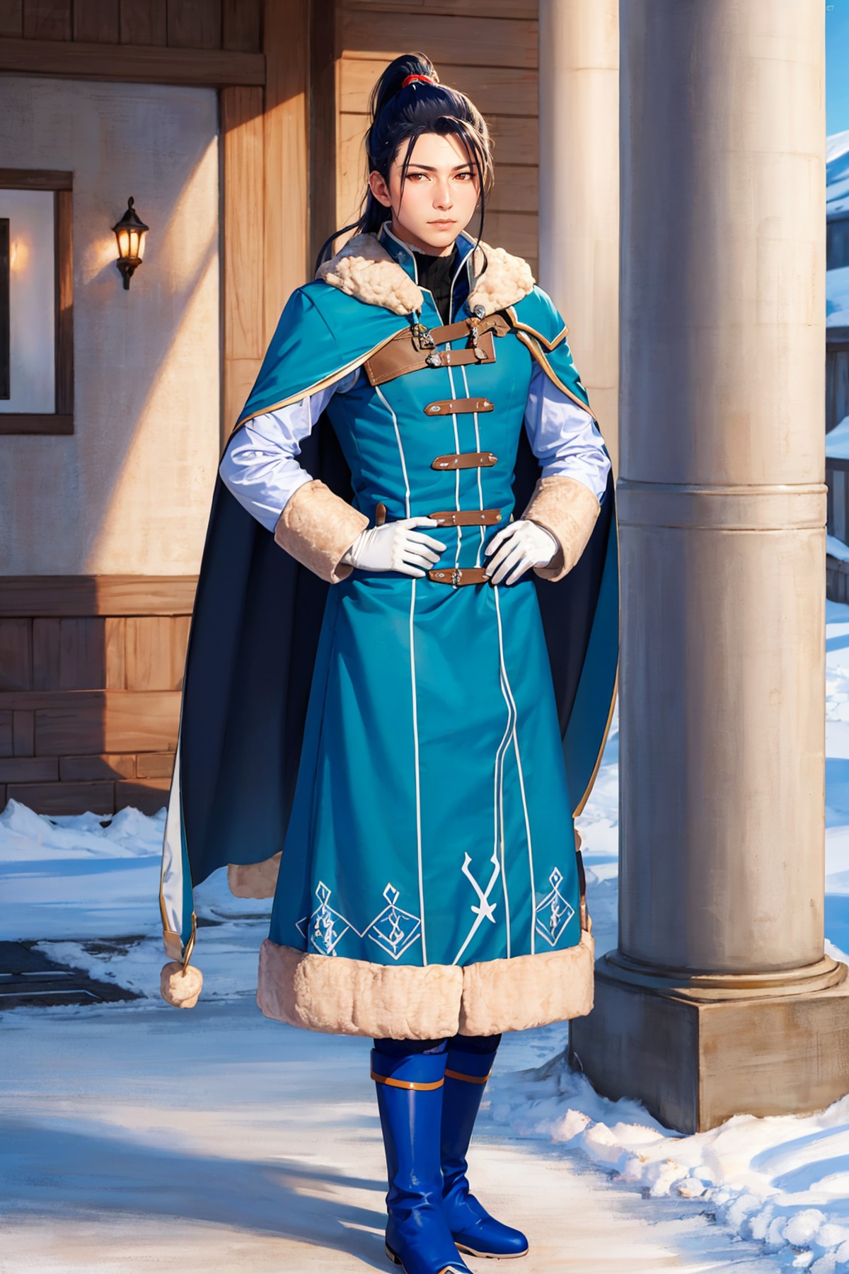 masterpiece, best quality, hopesFelix, ponytail, teal cape, teal coat, white gloves, blue boots, standing, winter, looking...